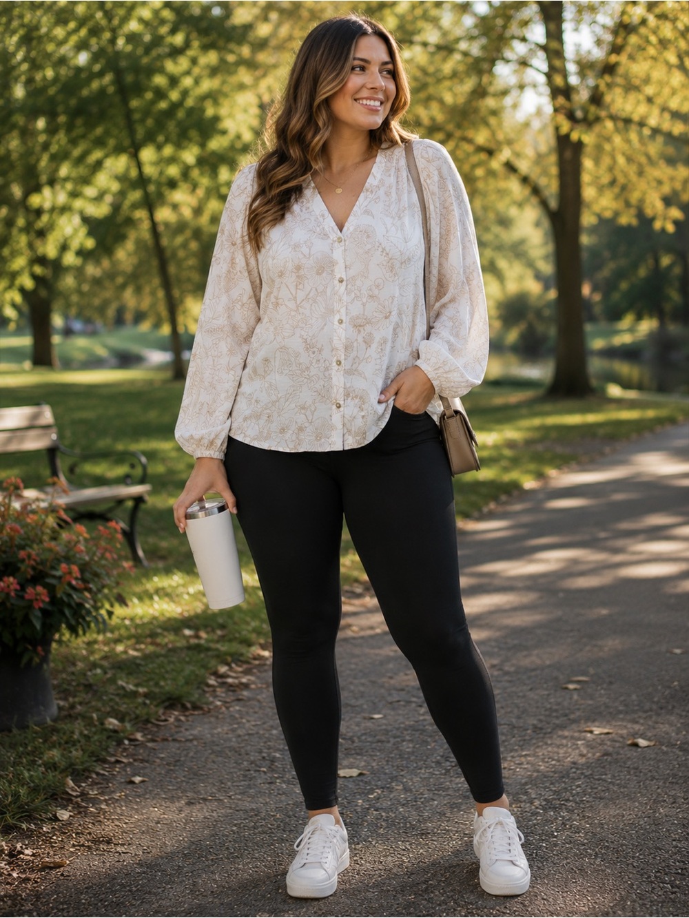 Laura Ashley White and Beige Floral Button-Front Blouse